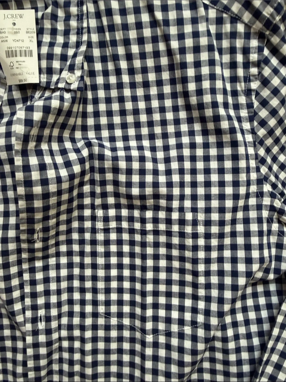 J. Crew Navy and White Gingham Button-Down Slim Fit Untucked Shirt - Size XL